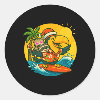 Surfing Santa Toucan Fun Cat And Raccoon Christmas Runder Aufkleber