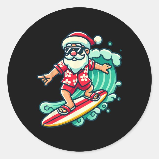 Surfing Santa Tropical Christmas Vacation Xmas In  Runder Aufkleber (Vorderseite)