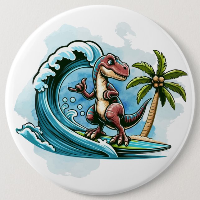 Surfing tropischer Dinosaurier Button (Vorderseite)
