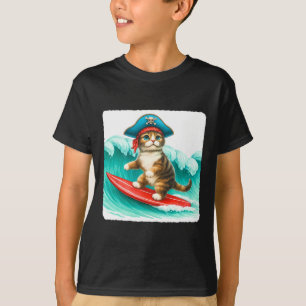 Surfkater mit Piratenhut auf Surfbrett. Wellen Pl T-Shirt