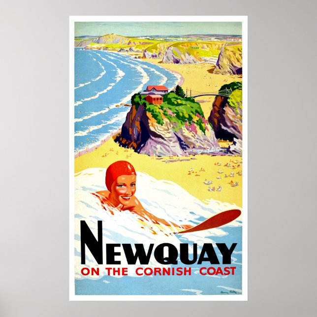 Surfmädchen am Strand von Newquay, Cornwall, Vinta Poster (Vorne)