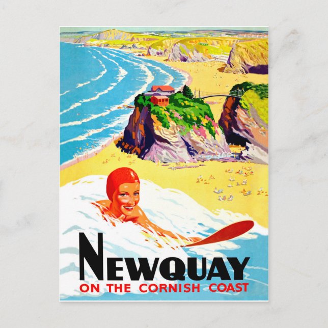 Surfmädchen am Strand von Newquay, Cornwall, Vinta Postkarte (Vorderseite)