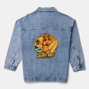 Surf's Up Bikini Pin-Up   Retro Surf Shop Grafik Jeansjacke