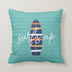 Surfs Up blaues Surfbrett und Wellen Kissenbezug Kissen