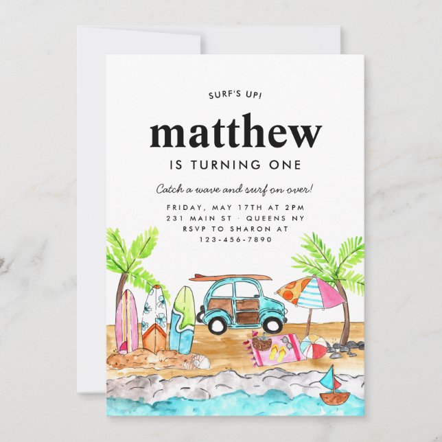 Surf's Up Board Summer Beach Wave Surfen Geburtsta Einladung (Vorderseite)