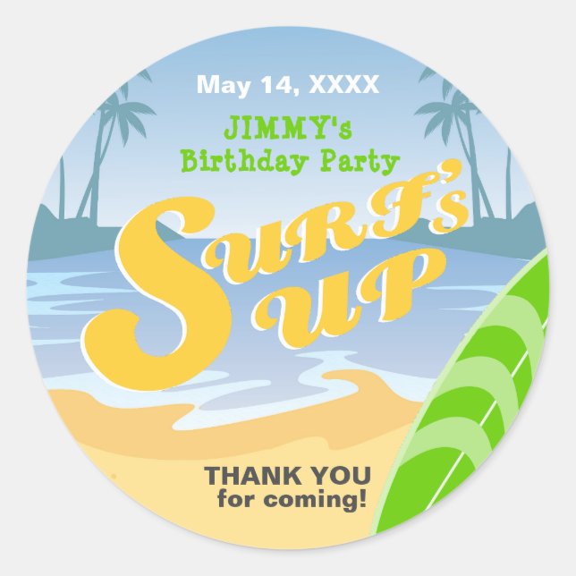 Surf's up boy Birthday Party Runder Aufkleber (Vorderseite)