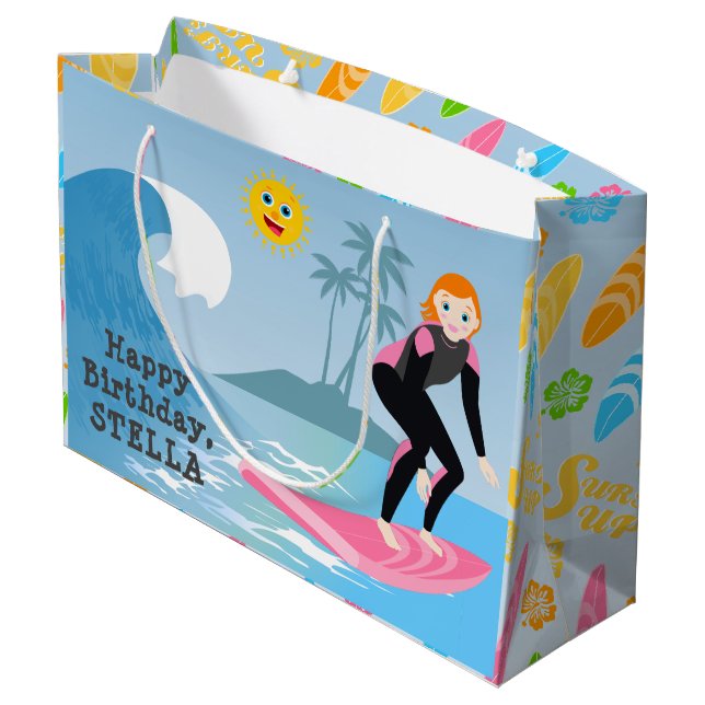 Surf's up Girly Birthday Party Große Geschenktüte (Rückseite Schrägansicht)