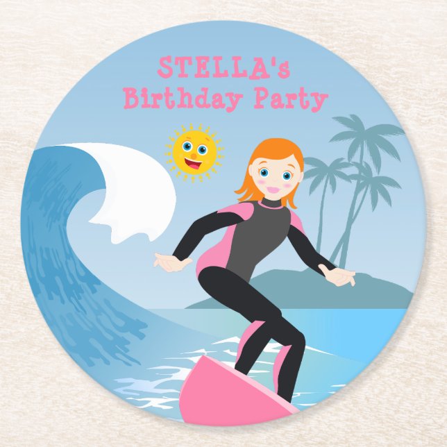 Surf's up Girly Birthday Party Runder Pappuntersetzer (Vorderseite)