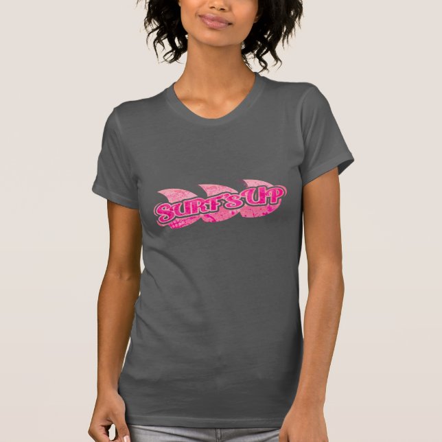 Surf's Up Ladys hellrosa Wellen auf braunem Abschl T-Shirt (Vorderseite)