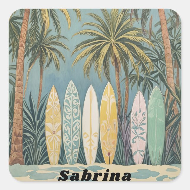 Surf's Up, Pastellstil Personalisiert Quadratischer Aufkleber (Vorderseite)