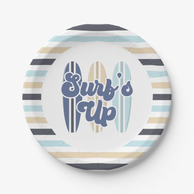 Surf's Up Surfboard Beach Geburtstagspapier-Teller Pappteller (Vorderseite)