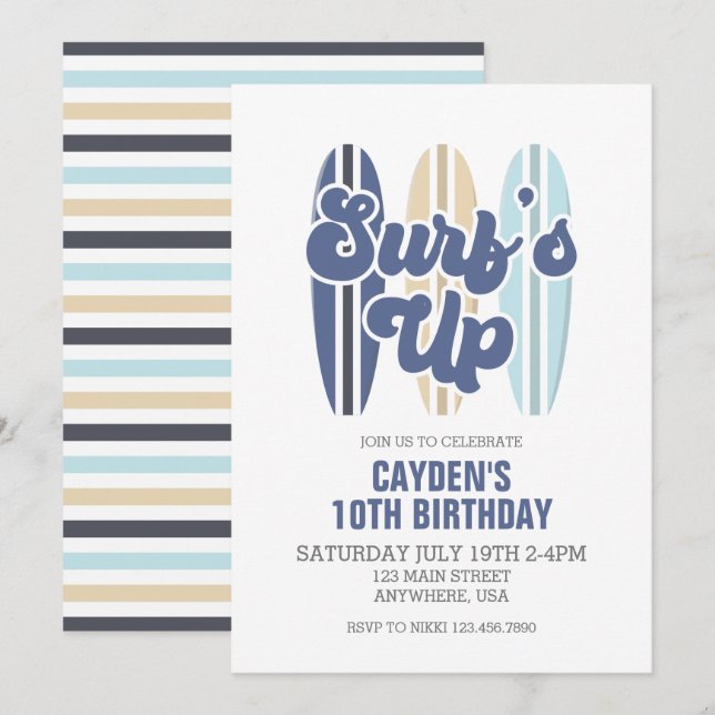 Surf's Up Surfbrett Strand Geburtstag Einladung (Vorne/Hinten)
