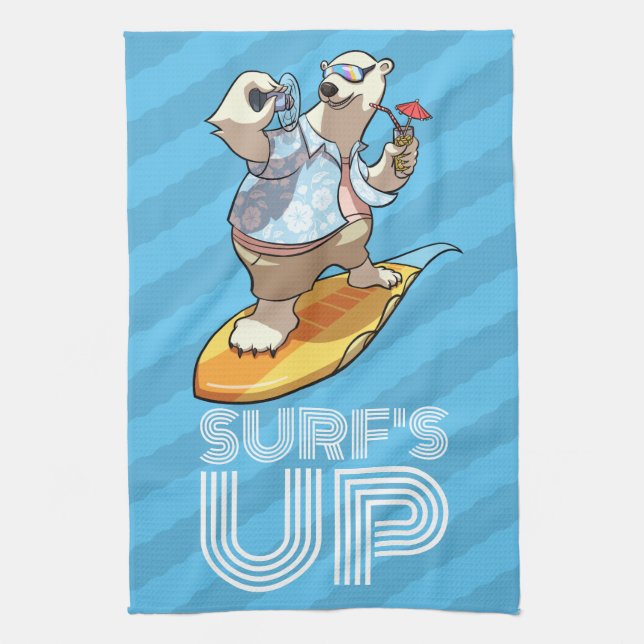 Surf's Up Surfpolar Bär mit Cocktail Cartoon Geschirrtuch (Vertikal)