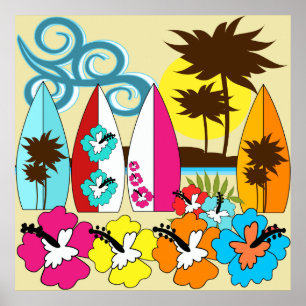Surfshop Surfen Ocean Beach Surfbretter Palme Tree Poster