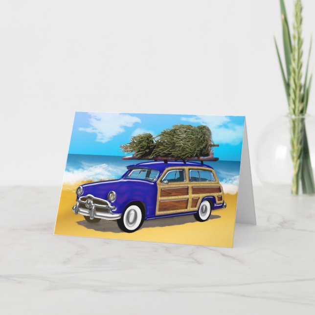 Surfwoodie mit Weihnachtsbaum Feiertagskarte (Vorderseite)