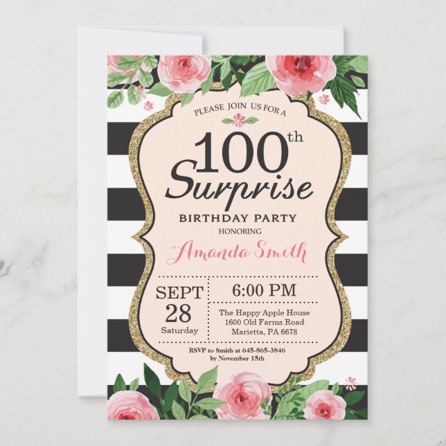 Surprise 100e anniversaire Invitation Femmes Flora (Devant)