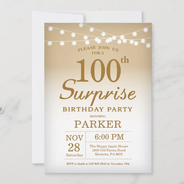 Surprise 100e anniversaire Invitation Or (Devant)