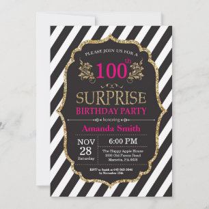 Surprise 100e anniversaire Invitation Pink Black G