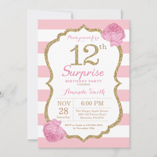 Surprise 12e anniversaire Invitation rose et or (Devant)