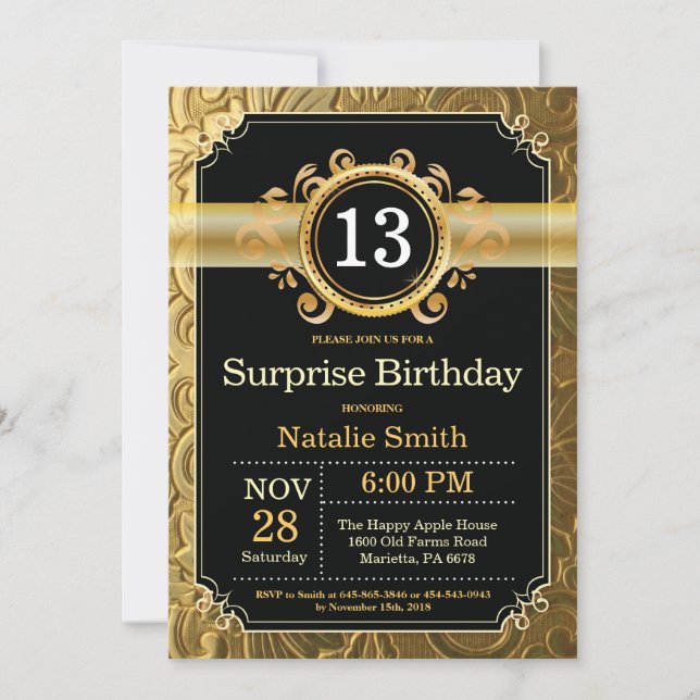 Surprise 13e anniversaire Invitation Black and Gol (Devant)