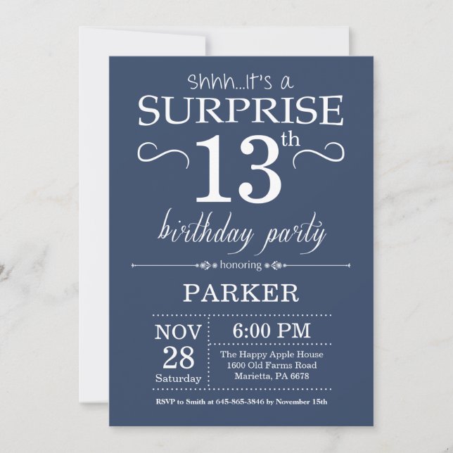 Surprise 13e anniversaire Invitation Bleu (Devant)