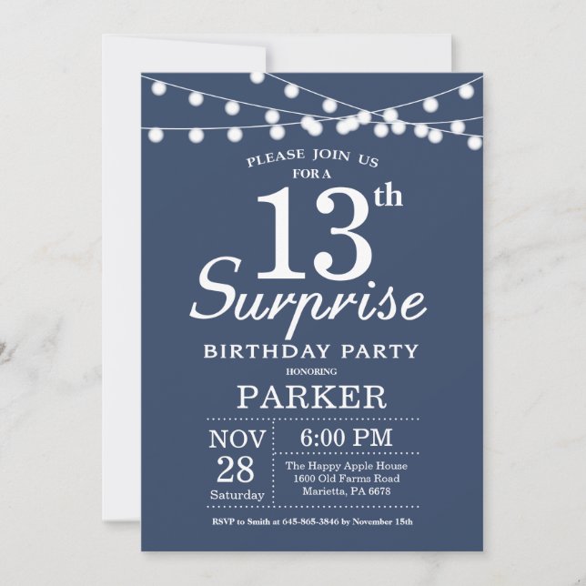 Surprise 13e anniversaire Invitation Bleu (Devant)