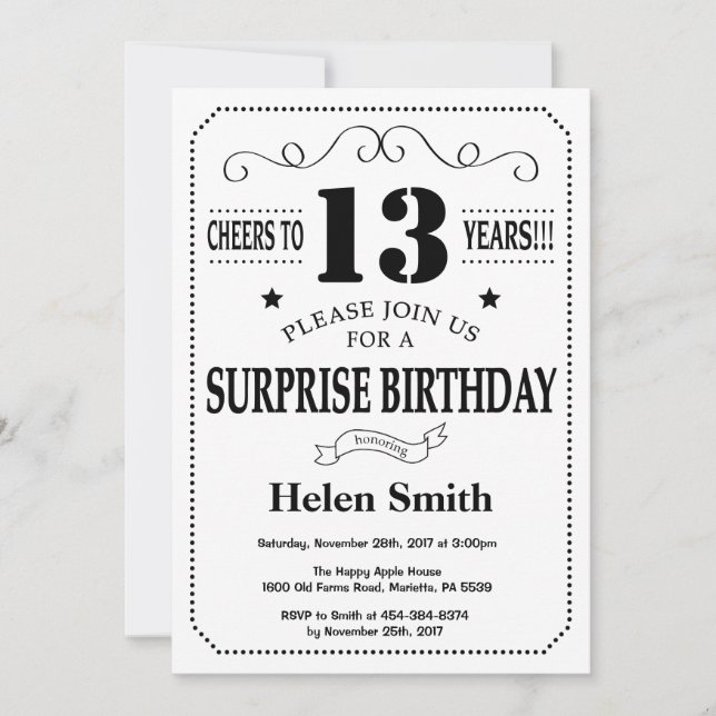 Surprise 13e anniversaire Invitation noir et blanc (Devant)