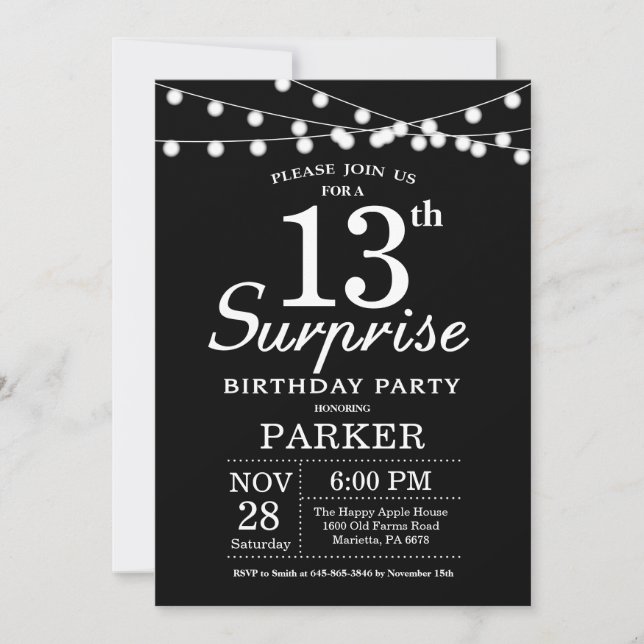 Surprise 13e anniversaire Invitation noir et blanc (Devant)