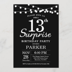 Surprise 13e anniversaire Invitation noir et blanc