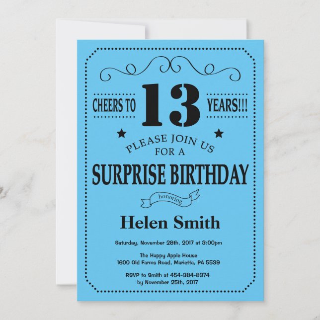 Surprise 13e anniversaire Invitation noir et bleu (Devant)