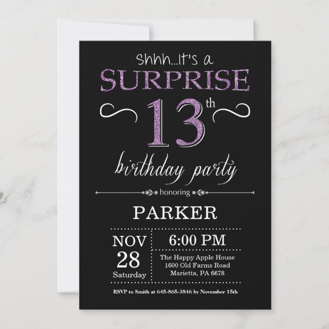 Surprise 13e anniversaire Invitation noir et viole (Devant)