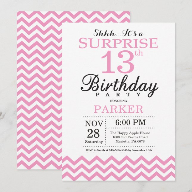 Surprise 13e anniversaire Invitation Pink Chevron (Devant / Derrière)