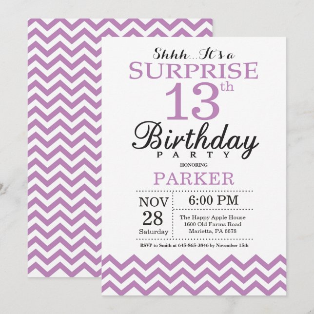 Surprise 13e anniversaire Invitation Purple Chevro (Devant / Derrière)