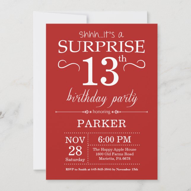 Surprise 13e anniversaire Invitation Rouge (Devant)
