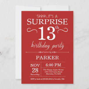 Surprise 13e anniversaire Invitation Rouge