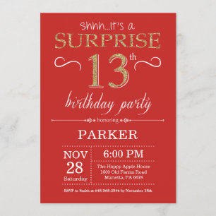 Surprise 13e anniversaire Invitation Rouge et or