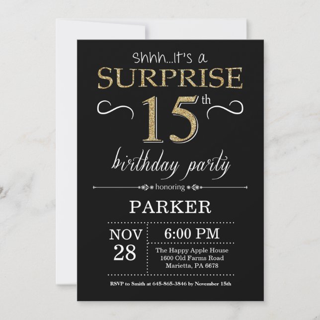 Surprise 15e anniversaire Invitation Black and Gol (Devant)