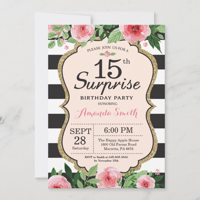 Surprise 15e anniversaire Invitation Floral (Devant)