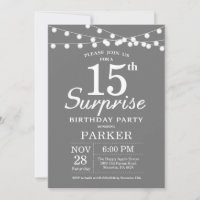 Surprise 15e anniversaire Invitation Gris et blanc