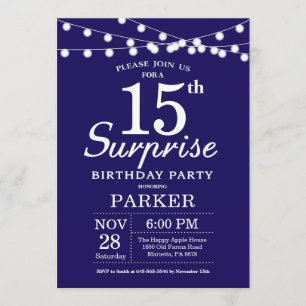 Surprise 15e anniversaire Invitation Marine Bleu