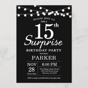 Surprise 15e anniversaire Invitation noir et blanc