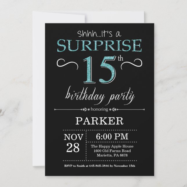 Surprise 15e anniversaire Invitation Noir et Turqu (Devant)