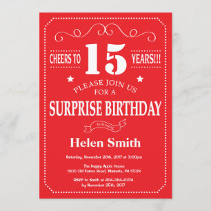 Surprise 15e anniversaire Invitation rouge et blan