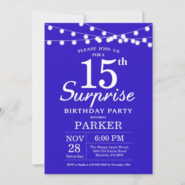 Surprise 15e anniversaire Invitation Royal Blue (Devant)