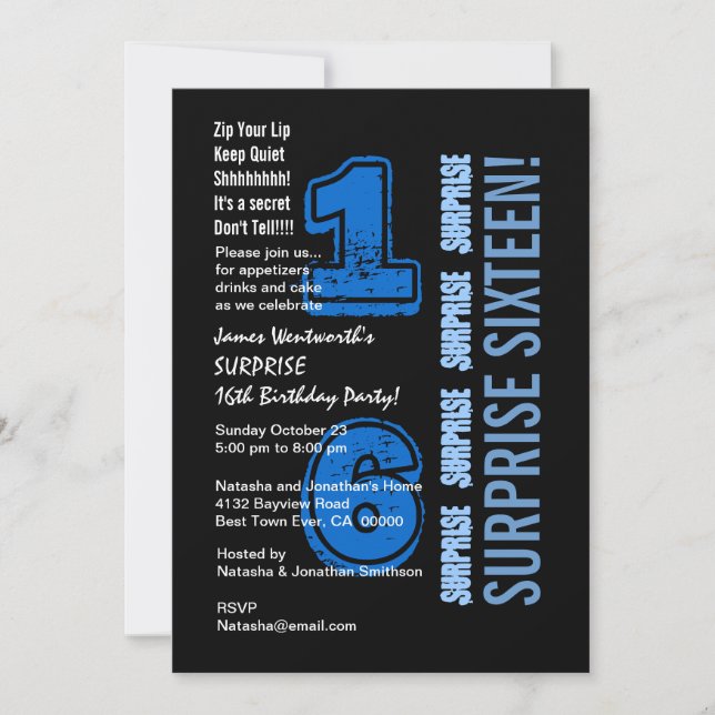 SURPRISE 16. Modern Birthday Blue and Black W523 Einladung (Vorderseite)