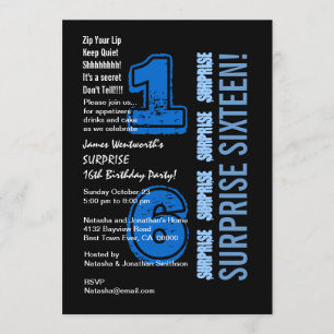 SURPRISE 16. Modern Birthday Blue and Black W523 Einladung