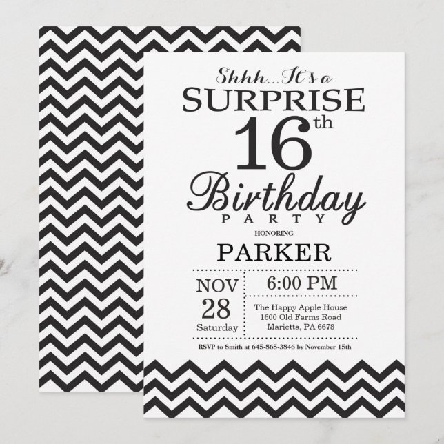 Surprise 16e anniversaire Invitation Black Chevron (Devant / Derrière)
