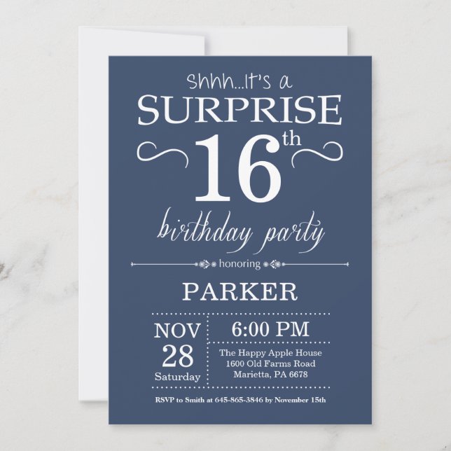 Surprise 16e anniversaire Invitation Bleu (Devant)