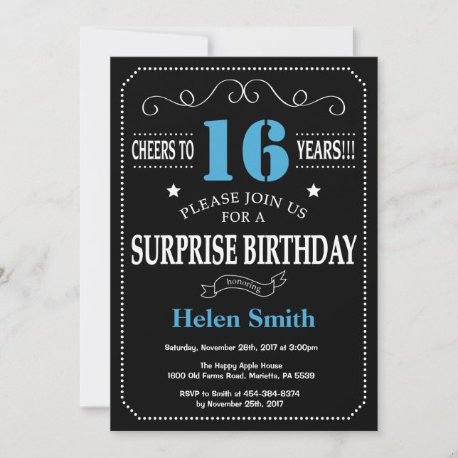 Surprise 16e anniversaire Invitation Bleu et Noir (Devant)