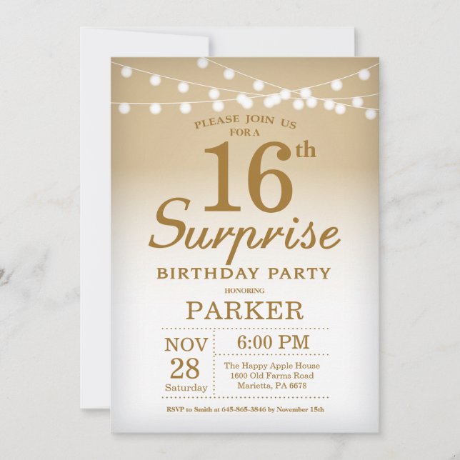 Surprise 16e anniversaire Invitation Gold (Devant)